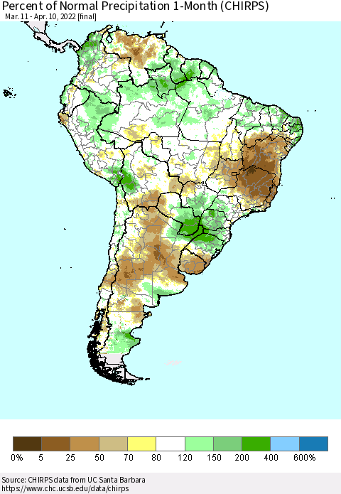 South America Percent of Normal Precipitation 1-Month (CHIRPS) Thematic Map For 3/11/2022 - 4/10/2022