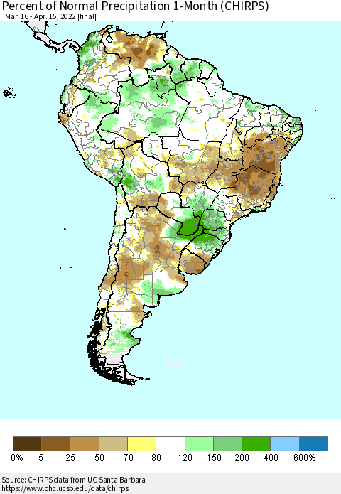 South America Percent of Normal Precipitation 1-Month (CHIRPS) Thematic Map For 3/16/2022 - 4/15/2022