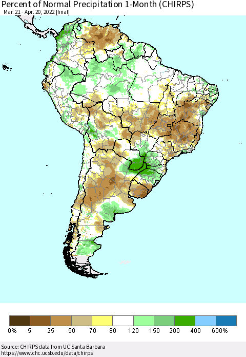 South America Percent of Normal Precipitation 1-Month (CHIRPS) Thematic Map For 3/21/2022 - 4/20/2022