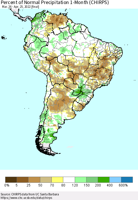South America Percent of Normal Precipitation 1-Month (CHIRPS) Thematic Map For 3/26/2022 - 4/25/2022