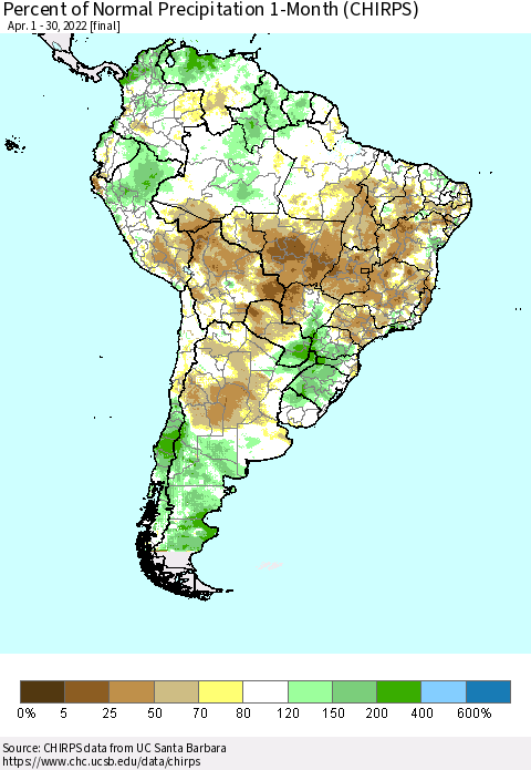 South America Percent of Normal Precipitation 1-Month (CHIRPS) Thematic Map For 4/1/2022 - 4/30/2022