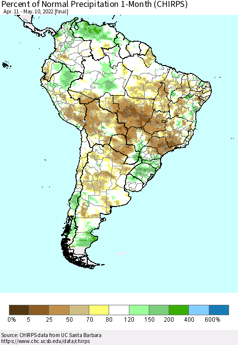 South America Percent of Normal Precipitation 1-Month (CHIRPS) Thematic Map For 4/11/2022 - 5/10/2022