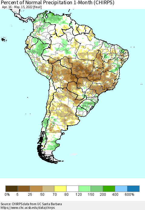 South America Percent of Normal Precipitation 1-Month (CHIRPS) Thematic Map For 4/16/2022 - 5/15/2022