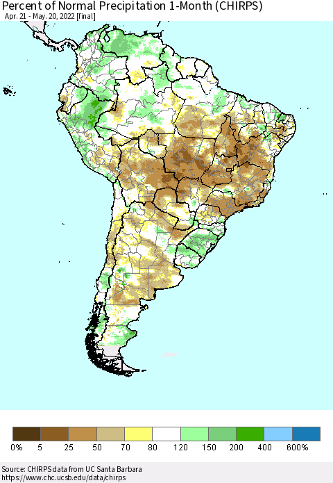South America Percent of Normal Precipitation 1-Month (CHIRPS) Thematic Map For 4/21/2022 - 5/20/2022