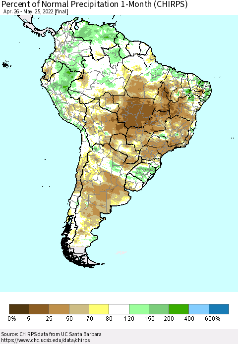 South America Percent of Normal Precipitation 1-Month (CHIRPS) Thematic Map For 4/26/2022 - 5/25/2022