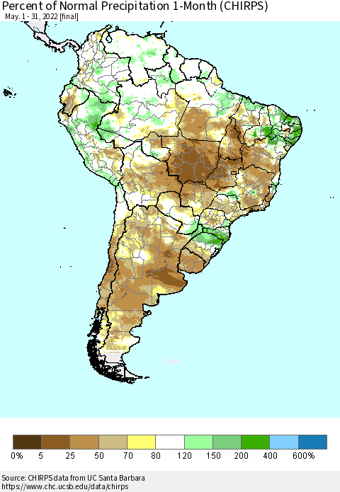 South America Percent of Normal Precipitation 1-Month (CHIRPS) Thematic Map For 5/1/2022 - 5/31/2022