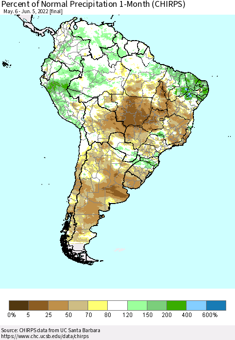 South America Percent of Normal Precipitation 1-Month (CHIRPS) Thematic Map For 5/6/2022 - 6/5/2022