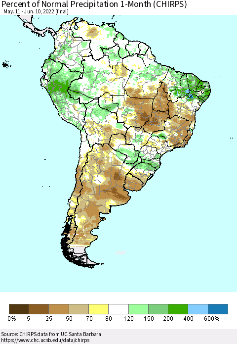 South America Percent of Normal Precipitation 1-Month (CHIRPS) Thematic Map For 5/11/2022 - 6/10/2022