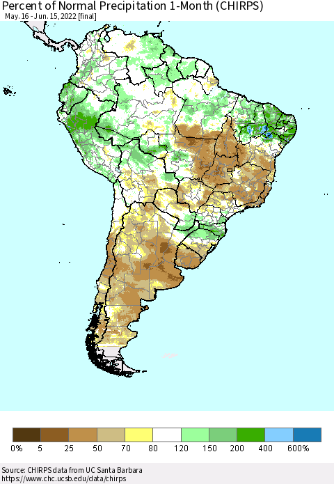 South America Percent of Normal Precipitation 1-Month (CHIRPS) Thematic Map For 5/16/2022 - 6/15/2022