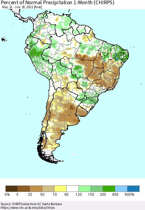 South America Percent of Normal Precipitation 1-Month (CHIRPS) Thematic Map For 5/21/2022 - 6/20/2022