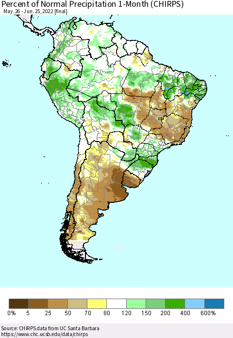 South America Percent of Normal Precipitation 1-Month (CHIRPS) Thematic Map For 5/26/2022 - 6/25/2022