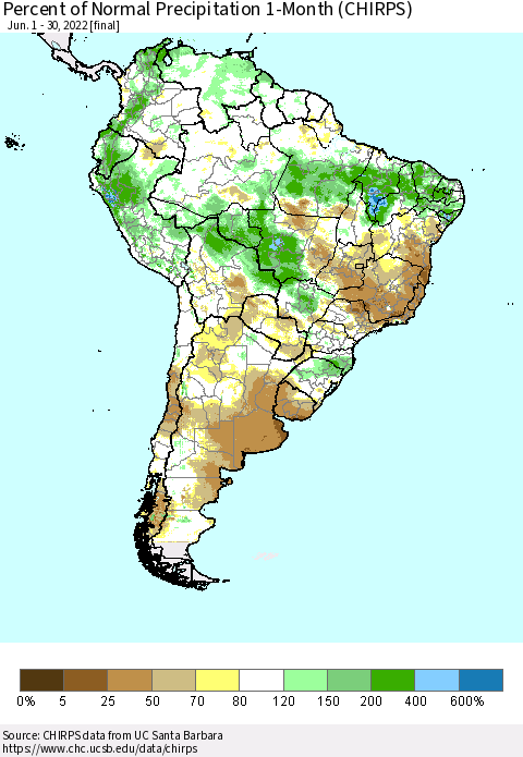 South America Percent of Normal Precipitation 1-Month (CHIRPS) Thematic Map For 6/1/2022 - 6/30/2022