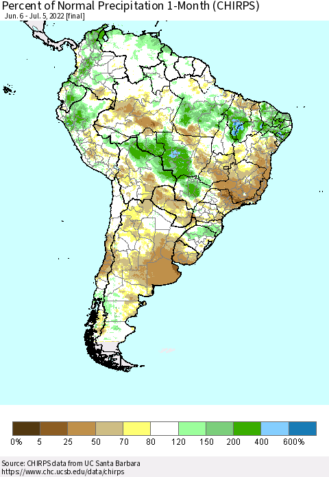 South America Percent of Normal Precipitation 1-Month (CHIRPS) Thematic Map For 6/6/2022 - 7/5/2022