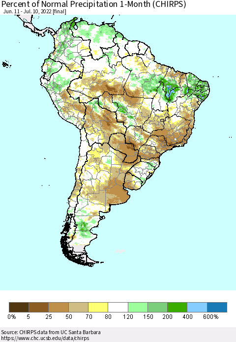 South America Percent of Normal Precipitation 1-Month (CHIRPS) Thematic Map For 6/11/2022 - 7/10/2022