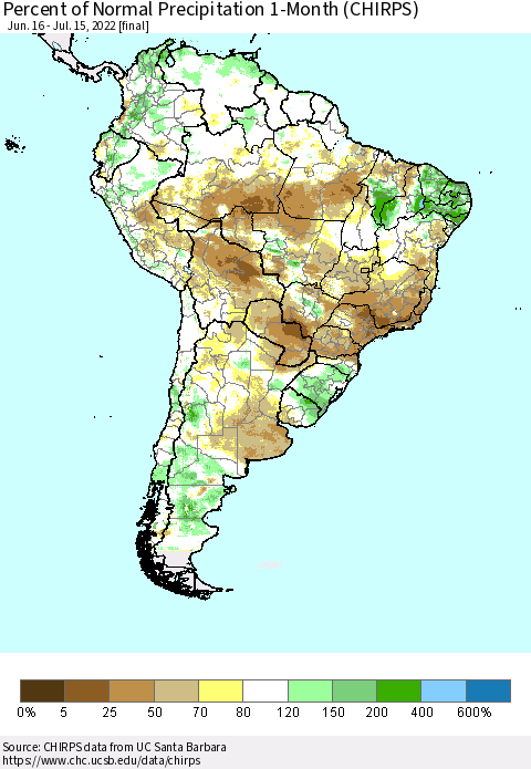 South America Percent of Normal Precipitation 1-Month (CHIRPS) Thematic Map For 6/16/2022 - 7/15/2022