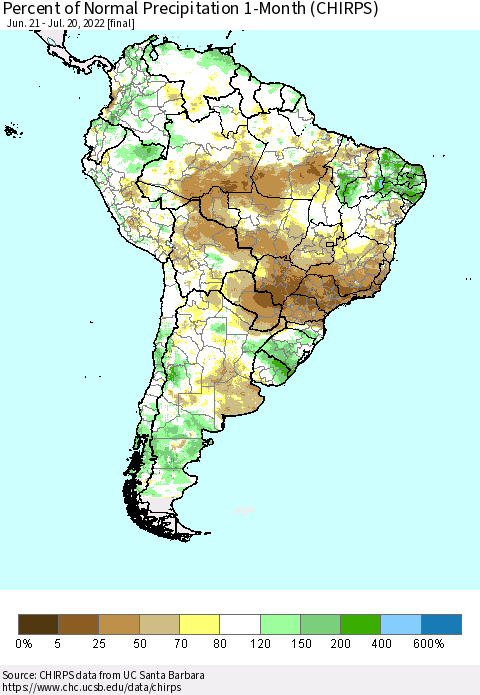 South America Percent of Normal Precipitation 1-Month (CHIRPS) Thematic Map For 6/21/2022 - 7/20/2022