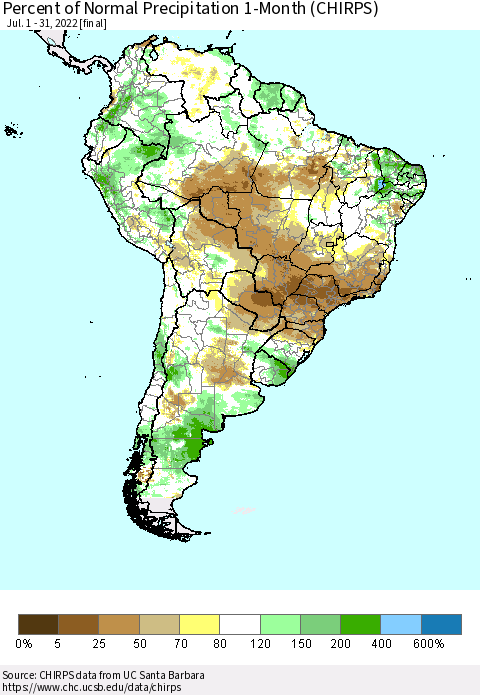 South America Percent of Normal Precipitation 1-Month (CHIRPS) Thematic Map For 7/1/2022 - 7/31/2022