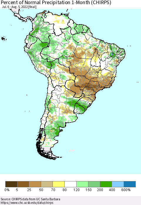 South America Percent of Normal Precipitation 1-Month (CHIRPS) Thematic Map For 7/6/2022 - 8/5/2022