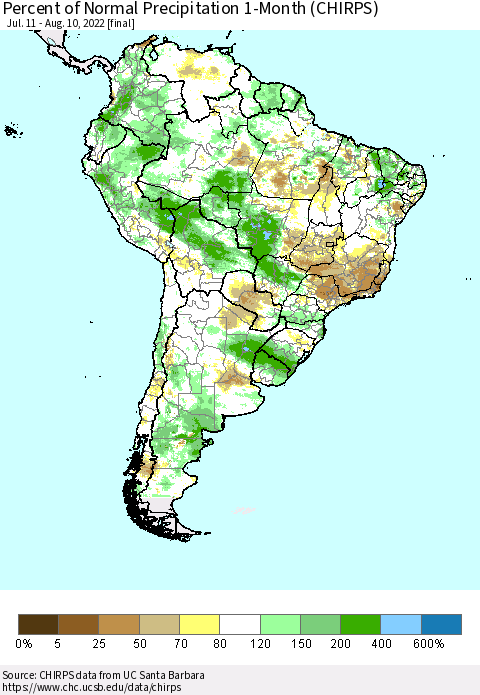 South America Percent of Normal Precipitation 1-Month (CHIRPS) Thematic Map For 7/11/2022 - 8/10/2022