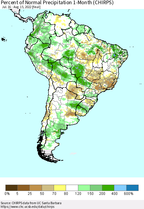 South America Percent of Normal Precipitation 1-Month (CHIRPS) Thematic Map For 7/16/2022 - 8/15/2022