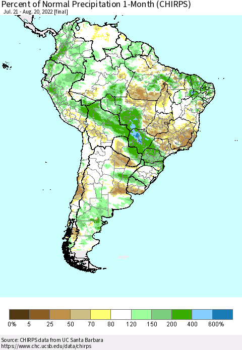 South America Percent of Normal Precipitation 1-Month (CHIRPS) Thematic Map For 7/21/2022 - 8/20/2022
