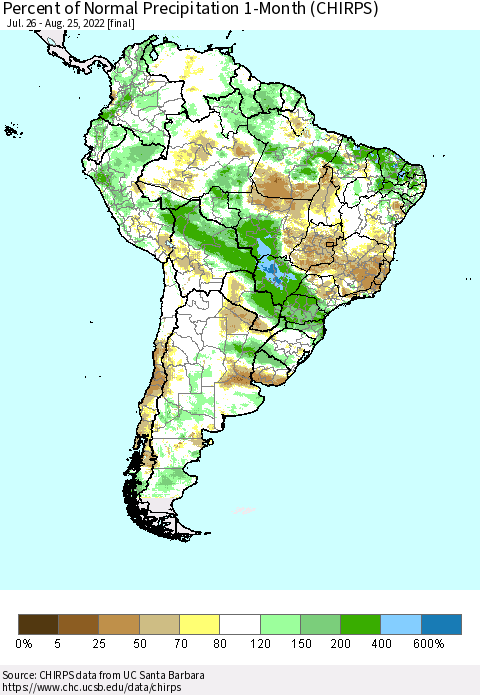 South America Percent of Normal Precipitation 1-Month (CHIRPS) Thematic Map For 7/26/2022 - 8/25/2022