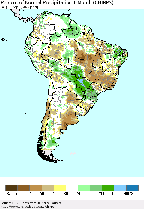 South America Percent of Normal Precipitation 1-Month (CHIRPS) Thematic Map For 8/6/2022 - 9/5/2022