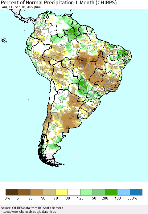 South America Percent of Normal Precipitation 1-Month (CHIRPS) Thematic Map For 8/11/2022 - 9/10/2022