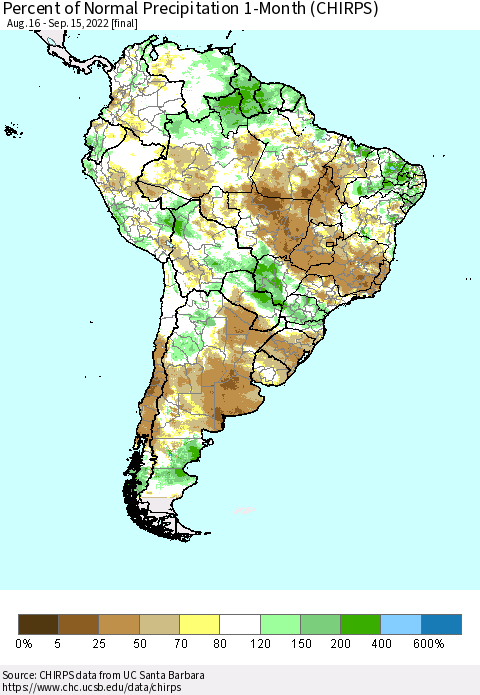 South America Percent of Normal Precipitation 1-Month (CHIRPS) Thematic Map For 8/16/2022 - 9/15/2022
