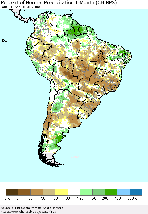 South America Percent of Normal Precipitation 1-Month (CHIRPS) Thematic Map For 8/21/2022 - 9/20/2022