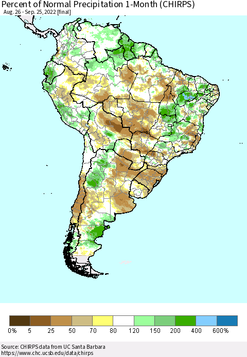 South America Percent of Normal Precipitation 1-Month (CHIRPS) Thematic Map For 8/26/2022 - 9/25/2022