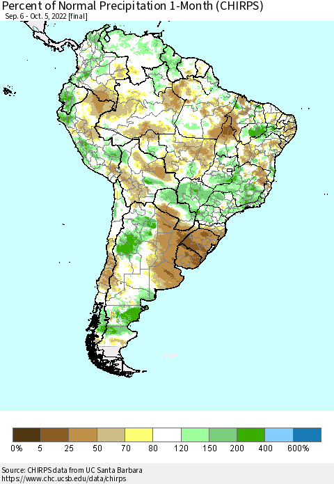 South America Percent of Normal Precipitation 1-Month (CHIRPS) Thematic Map For 9/6/2022 - 10/5/2022