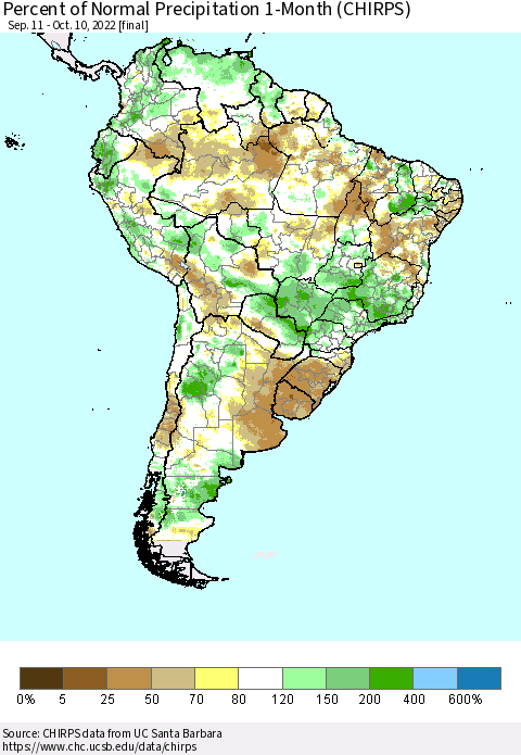 South America Percent of Normal Precipitation 1-Month (CHIRPS) Thematic Map For 9/11/2022 - 10/10/2022