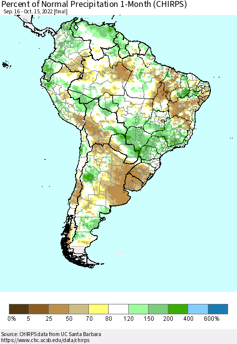 South America Percent of Normal Precipitation 1-Month (CHIRPS) Thematic Map For 9/16/2022 - 10/15/2022