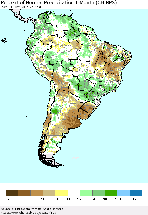 South America Percent of Normal Precipitation 1-Month (CHIRPS) Thematic Map For 9/21/2022 - 10/20/2022