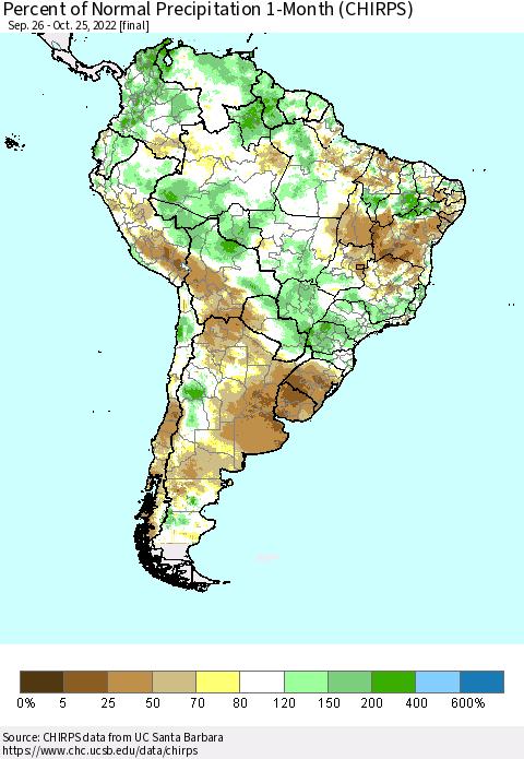 South America Percent of Normal Precipitation 1-Month (CHIRPS) Thematic Map For 9/26/2022 - 10/25/2022