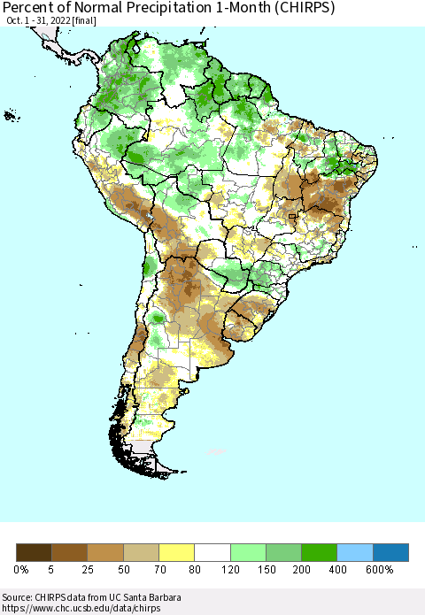 South America Percent of Normal Precipitation 1-Month (CHIRPS) Thematic Map For 10/1/2022 - 10/31/2022