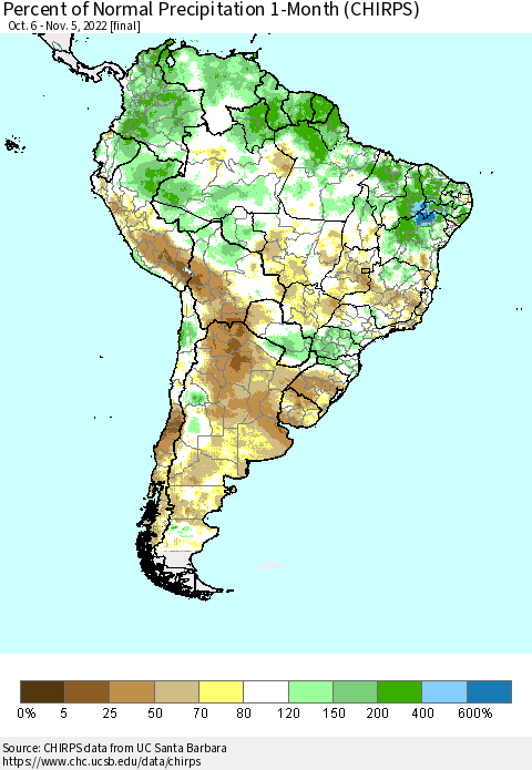 South America Percent of Normal Precipitation 1-Month (CHIRPS) Thematic Map For 10/6/2022 - 11/5/2022