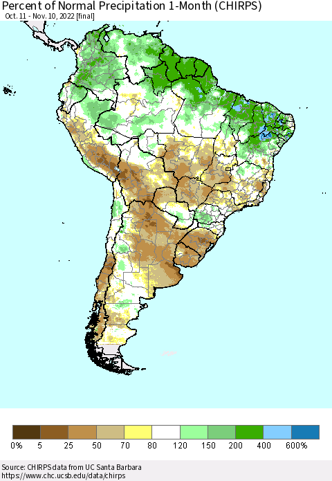 South America Percent of Normal Precipitation 1-Month (CHIRPS) Thematic Map For 10/11/2022 - 11/10/2022