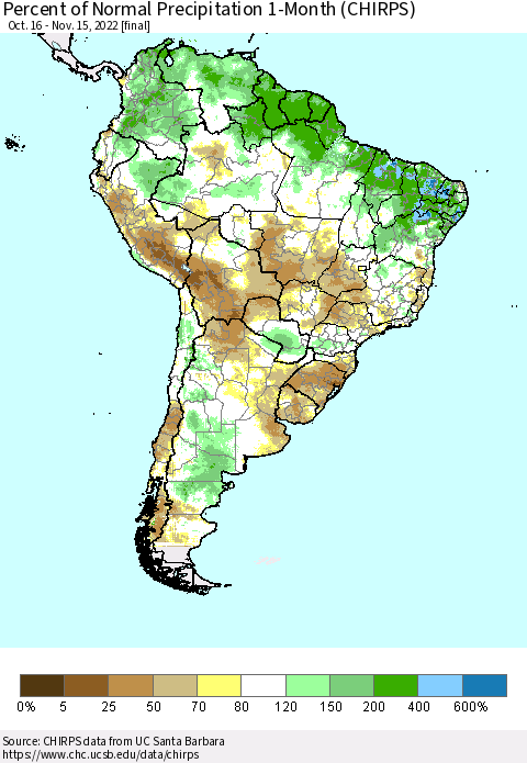 South America Percent of Normal Precipitation 1-Month (CHIRPS) Thematic Map For 10/16/2022 - 11/15/2022