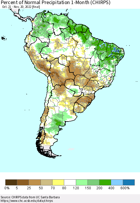 South America Percent of Normal Precipitation 1-Month (CHIRPS) Thematic Map For 10/21/2022 - 11/20/2022