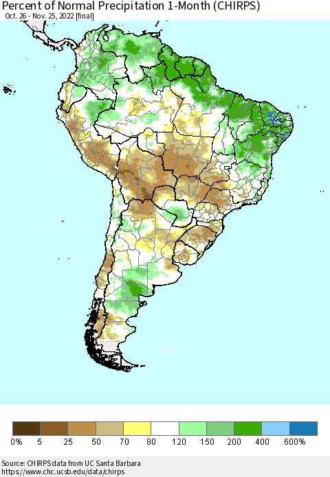 South America Percent of Normal Precipitation 1-Month (CHIRPS) Thematic Map For 10/26/2022 - 11/25/2022