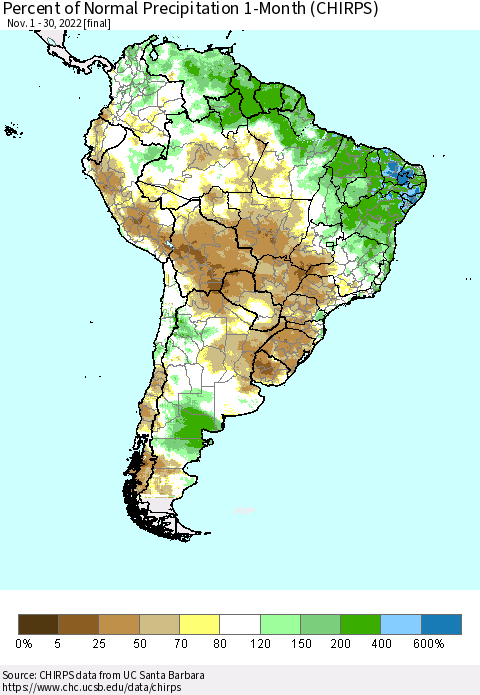 South America Percent of Normal Precipitation 1-Month (CHIRPS) Thematic Map For 11/1/2022 - 11/30/2022