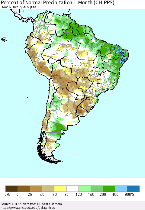 South America Percent of Normal Precipitation 1-Month (CHIRPS) Thematic Map For 11/6/2022 - 12/5/2022