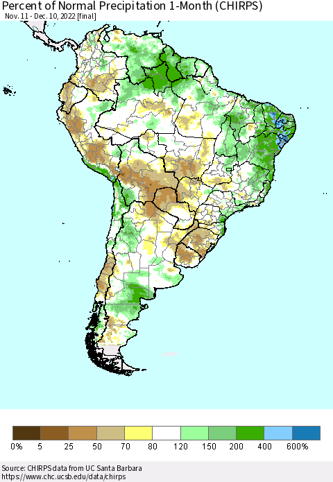 South America Percent of Normal Precipitation 1-Month (CHIRPS) Thematic Map For 11/11/2022 - 12/10/2022
