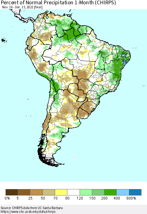 South America Percent of Normal Precipitation 1-Month (CHIRPS) Thematic Map For 11/16/2022 - 12/15/2022