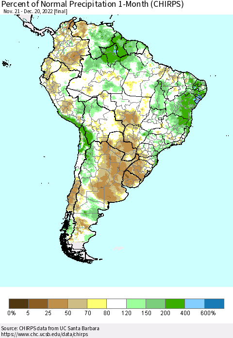 South America Percent of Normal Precipitation 1-Month (CHIRPS) Thematic Map For 11/21/2022 - 12/20/2022