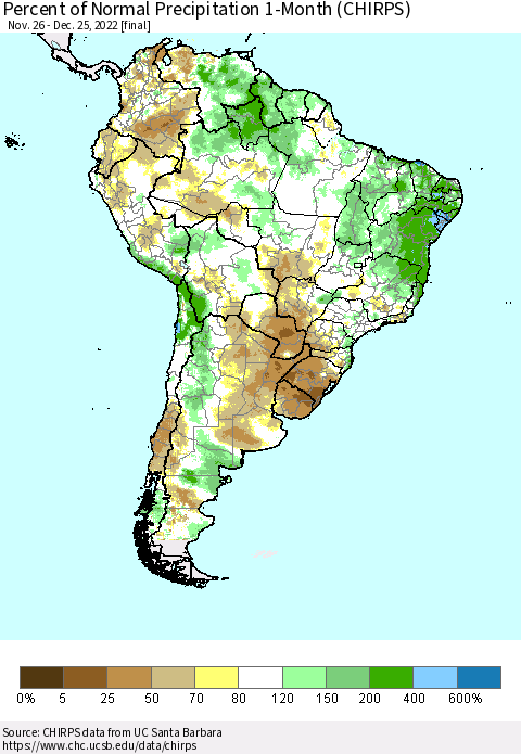 South America Percent of Normal Precipitation 1-Month (CHIRPS) Thematic Map For 11/26/2022 - 12/25/2022