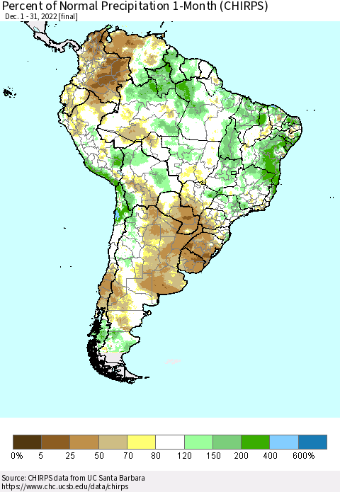 South America Percent of Normal Precipitation 1-Month (CHIRPS) Thematic Map For 12/1/2022 - 12/31/2022