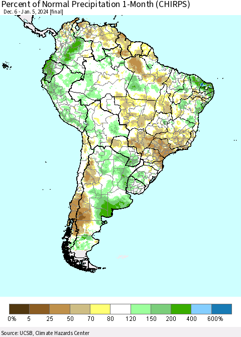 South America Percent of Normal Precipitation 1-Month (CHIRPS) Thematic Map For 12/6/2023 - 1/5/2024